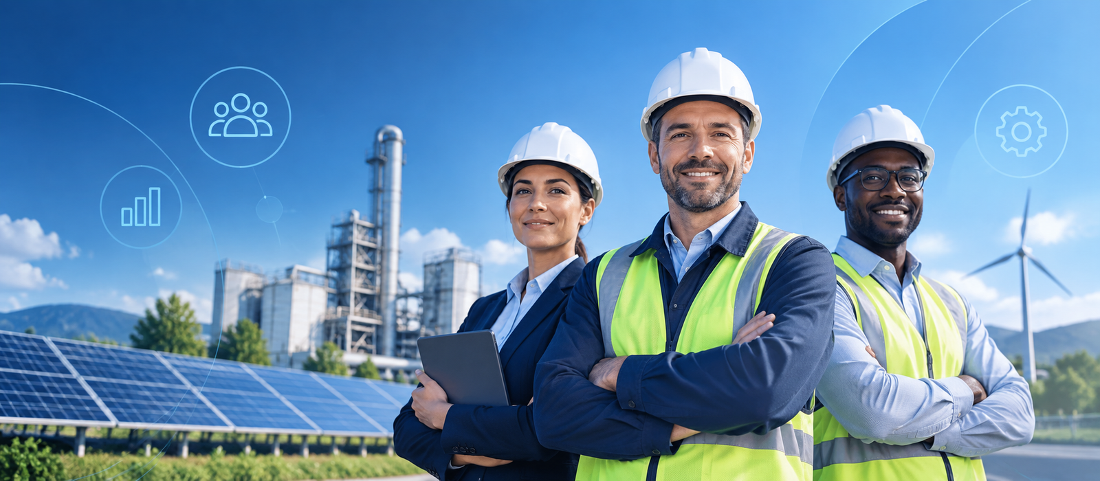Energy professionals at a solar and wind project site