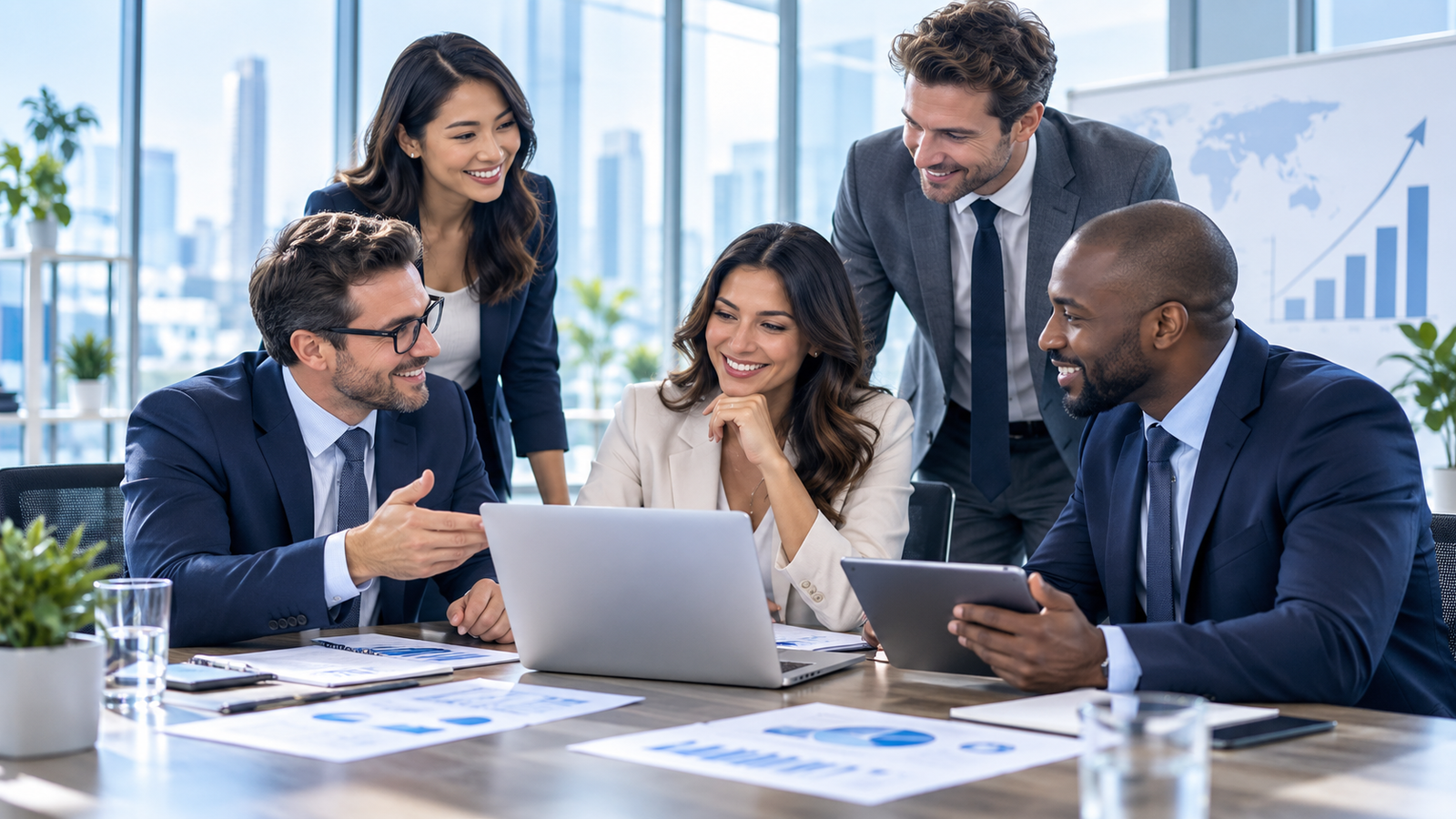 Colleagues collaborating around a laptop in an office
