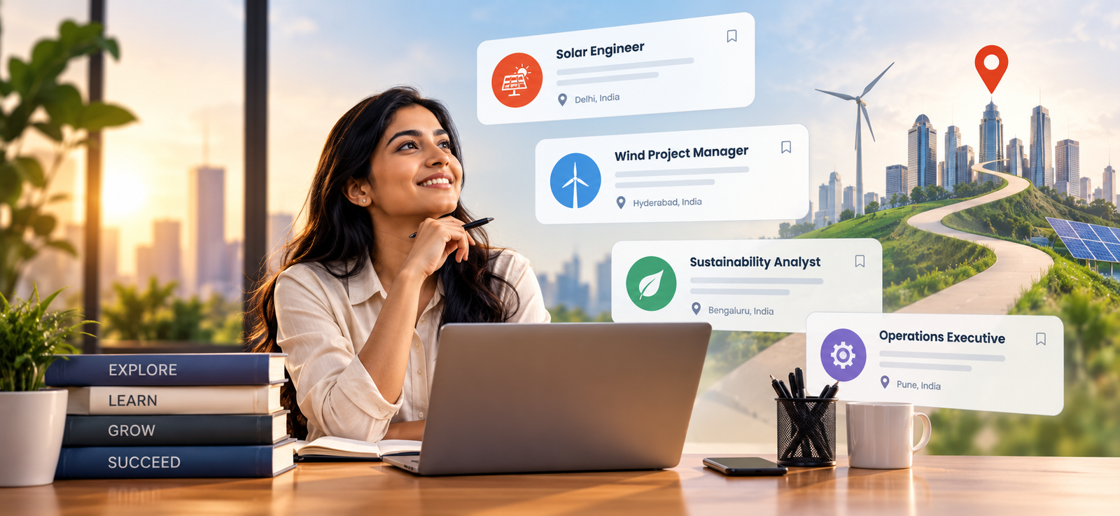 Aspiring professional exploring renewable energy careers on a laptop